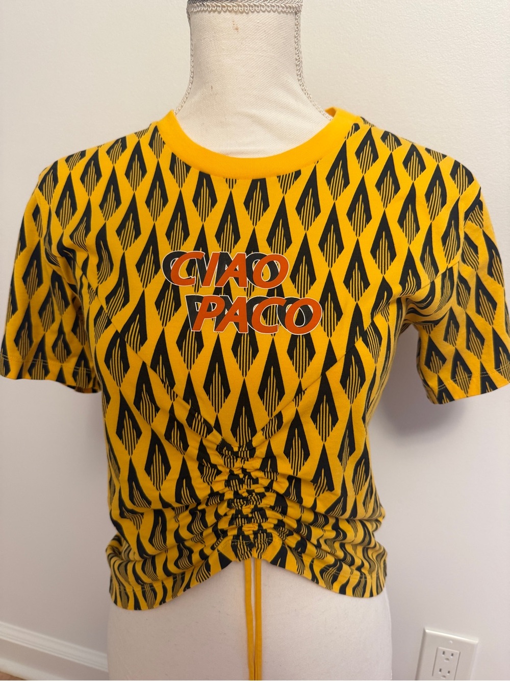 Paco Rabanne Ciao Paco Yellow & Black Graphic Ruched Top sz M